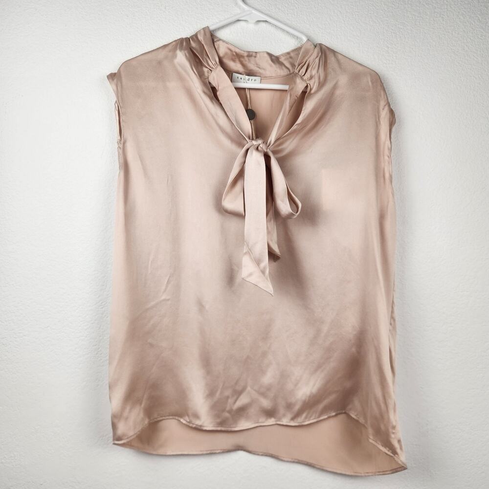 Sandro Paris Tank Size 2 US Size 6 Cream Sleeveless NWT 100% Silk Bow